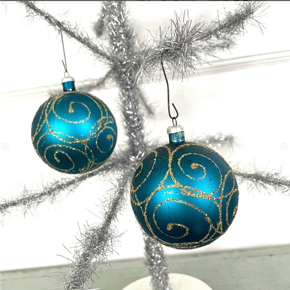 Vintage Christmas Tree Ornaments Plastic Hand Decorated Italy Box Blue SET5 - Picture 6 of 8